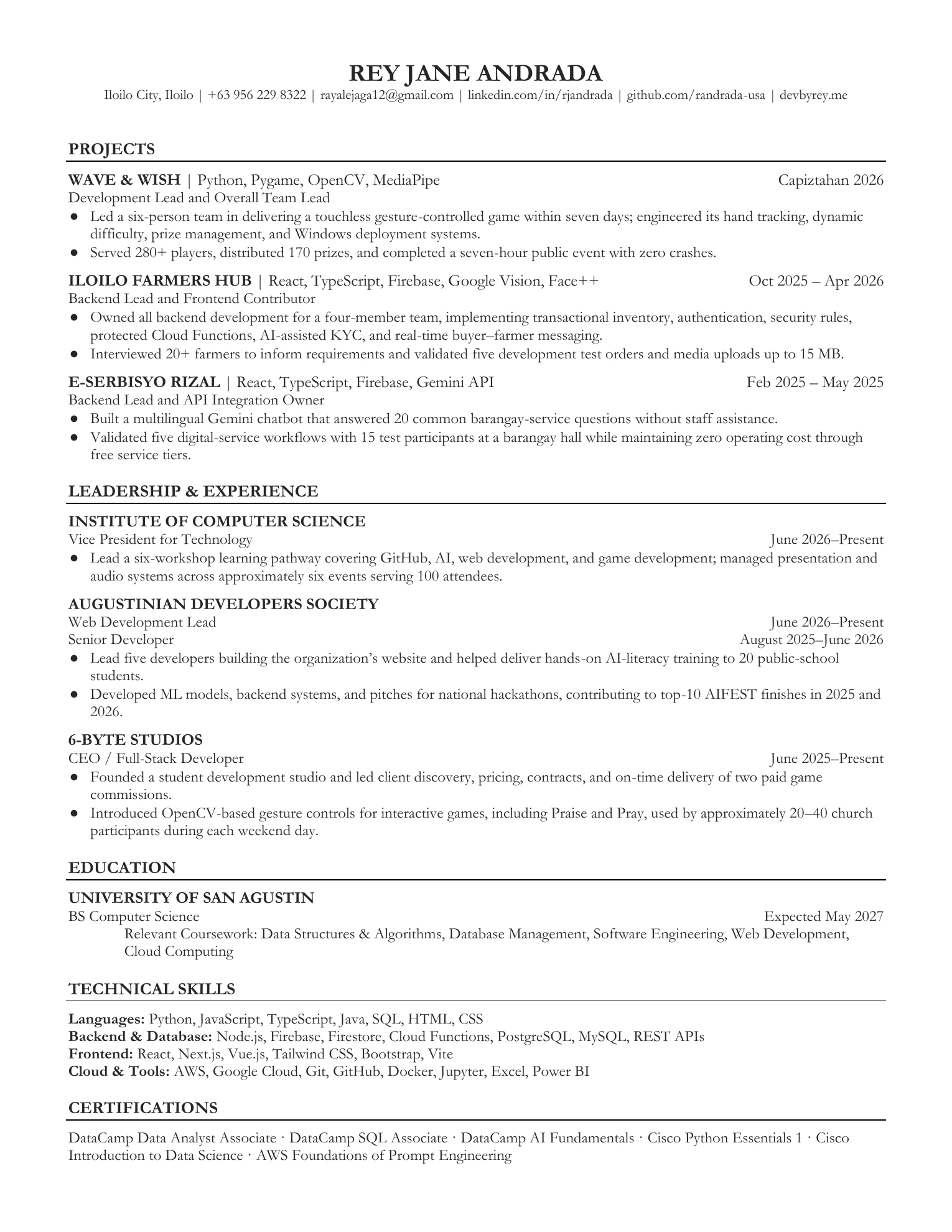 Preview of Rey Jane Andrada's current one-page curriculum vitae